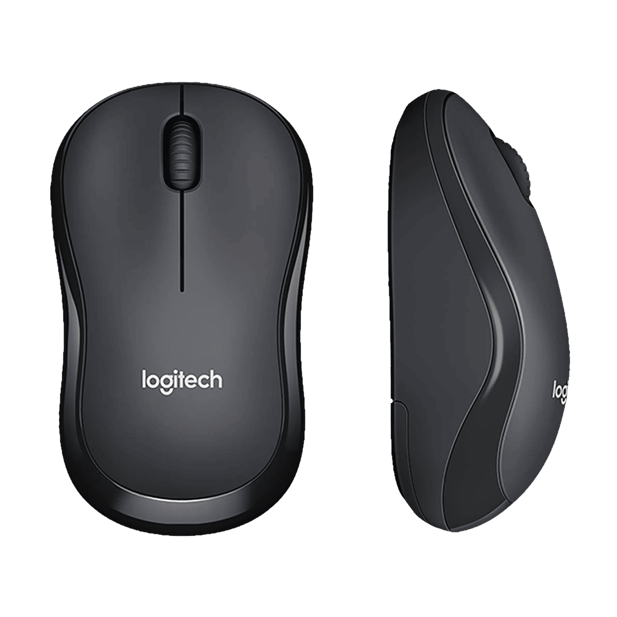 Logitech M221 Wireless Mouse Charcoal front and side view